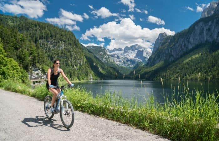 Women on an e-bike with beautiful scenery